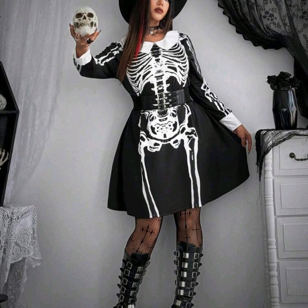 Hot Topic Black Skeleton Dress with White Bone Print
